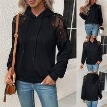 Casual Lace Spliced Long Sleeve Drawstring Hooded Shirt