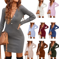 Fashion Solid Color Buttoned V-neck Long Sleeve Dress