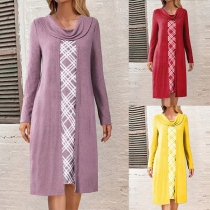 Fashion Contrast Color Checkered Draped Neck Long Sleeve Fake-two-piece Knitted Dress