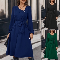 Fashion Solid Color Irregular Hemline Long Sleeve Self-tie Long Sleeve Midi Dress