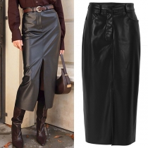 Sexy High-rise Slit Artificial Leather PU Skirt