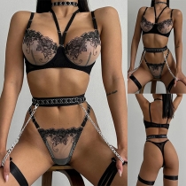 Sexy Floral Embroidery Lace Spliced Chain Five-piece Lingerie Set