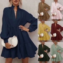 Fashion Solid Color Stand Collar V-neck Lantern Long Sleeve Tiered Dress