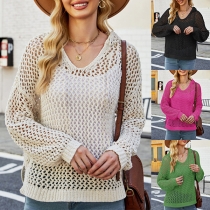 Fashion Solid Color V-neck Long Sleeve Hollow Out Sweater
