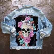 Street Fashion Skull Printed Old-washed Frayed Denim Jacket for Women