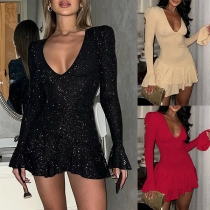 Sexy Plunge V-neck Trumpet Long Sleeve Ruffle Hemline Mini Party Dress