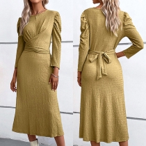 Fashion Solid Color Round Neck Long Sleeve Ruch Self-tie Midi Dress