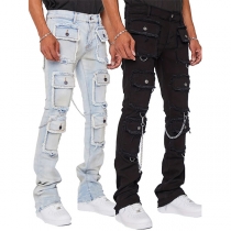 Street Fashion Old-washed Front Multi-pockets Chain Frayed Denim Straight-cut Denim Jeans for Men