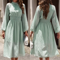 Elegant Solid Color Swiss-dot Pattern Ruffled Mock Neck Long Sleeve Cinch Waist Dress