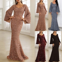 Sexy Bling-bling Sequined Long Sleeve V-neck Fishtail Party Dress
