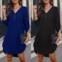 Fashion Solid Color Zipper V-neck Long Sleeve Irregular Hemline Mini Dress