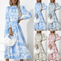 Fashion Floral Printed Mock Neck Long Sleeve Tiered Dress