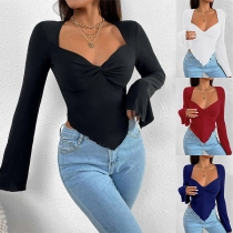 Sexy Ruched V-neck Long Sleeve Irregular Hemline Shirt