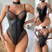 Sexy Mesh Net Spliced Artificial Leather PU Lingerie Bodysuit with Choker
