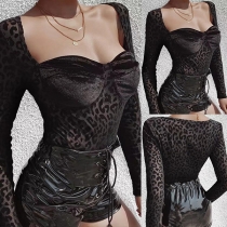 Sexy Leopard Print Sweetheart Neck Long Sleeve Bodysuit