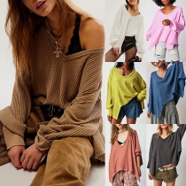 Casual V-neck Long Sleeve Irregular Hemline Solid Color Loose Shirt