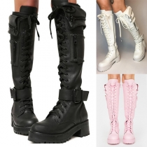 Street Fashion Platform Lace-up Buckle Side Patch Pockets Artificial Leather PU Over-the-knee Boots