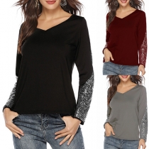 Fashion Sequin Spliced Long Sleeve Shirt