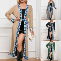 Fashion Contrast Color Floral Printed Long Sleeve Self-tie Robe