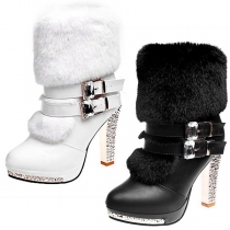 Fashion Artificial Fur Splice Buckle Rhinestone Heeled Artificial Leather PU Ankle Boots