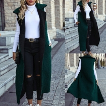 Fashion Solid Color Stand Collar Sleeveless Longline Plush Cardigan