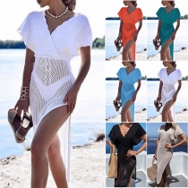 Fashion Solid Color V-neck Cap Sleeve Mesh-net Slit Swimming Cover Dress