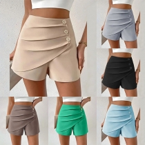 Fashion Solid Color Buttoned Ruched Shorts