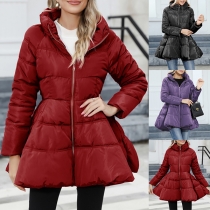 Fashion Solid Color Stand Collar Cinch Waist Ruffled Quilted Jacket