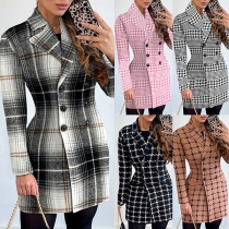 Vintage Checkered Double Breasted Notch Lapel Long Sleeve Blazer