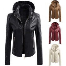 Fashion Detachable Hooded Stand Collar Zipper Long Sleeve Artificial Leather PU Jacket for Women