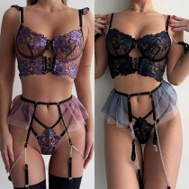 Sexy Floral Embroidery Ruffled Three-piece Lingerie Set