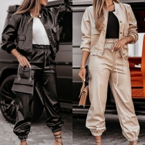 Punk Fashion Artificial Leather PU Two-piece Set Consist of Jacket and Drawstring Pants