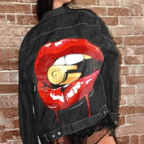 Street Fashion Lips Printed Denim Jacket for Women