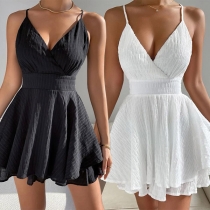 Fashion Solid Color V-neck High Waist Backless Mini Dress