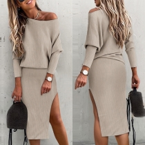 Fashion Ribbed Two-piece Set Consist of Round Neck Sweater and Slit Skirt