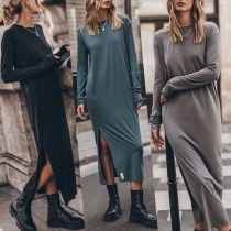 Casual Solid Color Round Neck Long Sleeve Slit Shirt Dress