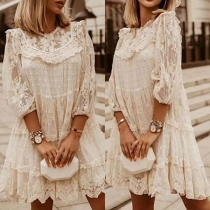 Fashion Swiss-dot Round Neck Elbow Sleeve Tiered Lace Dress
