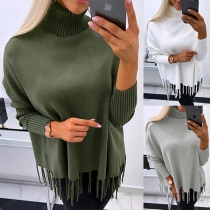 Fashion Solid Color Turtleneck Long Sleeve Tassel Sweater