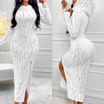Sexy Hollow-out Draped Neck Hooded Long Sleeve Slit Bodycon Maxi Dress