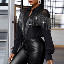 Sexy Semi-through Gauze Spliced Bling-bling Tassle Long Sleeve Blouse