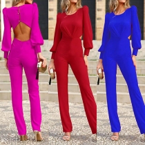 Sexy Solid Color Round Neck Long Sleeve Backless Jumpsuit