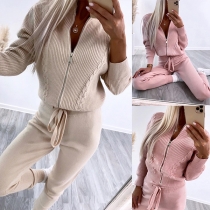 Fashion Solid Color Two-piece Set Consist of Knitted Cardigan and Drawstring Pants