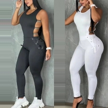 Sexy Round Neck Sleeveless Side Cutout Rhinestone Slim Fit Jumpsuit