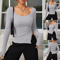 Fashion Solid Color Round Neck Long Sleeve Slit Shirt