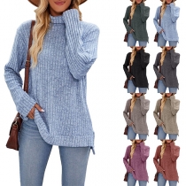 Casual Solid Color Turtleneck Long Sleeve Slit Ribbed Shirt