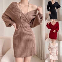 Sexy Plunge V-neck Long Sleeve Knitted Bodycon Dress