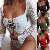 Sexy Lace-up Square Neck Long Sleeve Lace Bodysuit