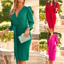 Elegant Solid Color V-neck Puff Elbow Sleeve Self-tie Slit Mini Dress