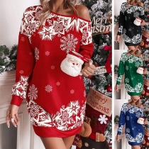 Fashion Contrast Color Snowflake Printed Slant Shoulder Long Sleeve Christmas Dress