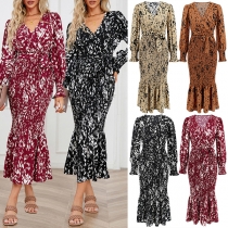 Elegant Floral Printed V-neck Long Sleeve Self-tie Fishtail Dress